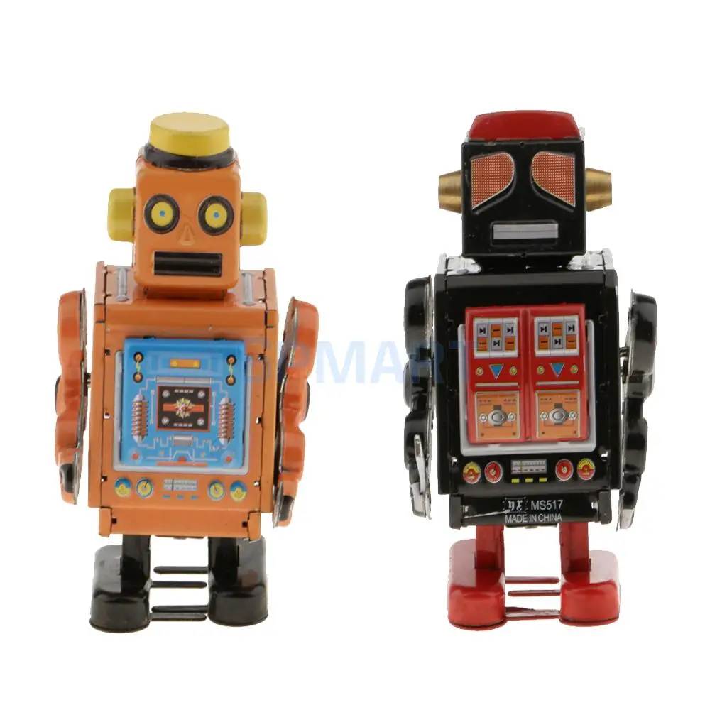 2 Pieces Vintage Wind Up Clockwork Mechanical Walking Tin Robot Kids Toy Gift Collectibles