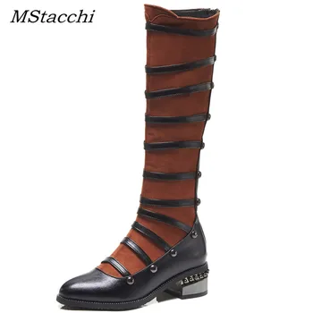 

MStacchi Women Fashion Round Toe Boots Metal Decoration Motorcycle Shoes Woman High Quality Flock Med Square Heel Zipper Boots