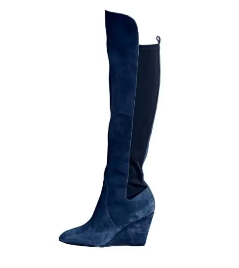 

Spring and autumn woman blue wedges high heel knee high boots Ladies round toe super high heel long boots Dress shoes SIZE34-43