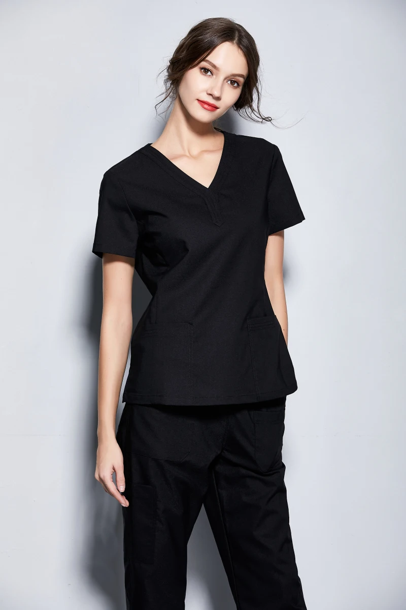 New Women's Medical Black Scrubs Ladies' Short Sleeve Scrub Uniforms Set Dental Clinic Fancy Design Surgical Clothes Slim Fit