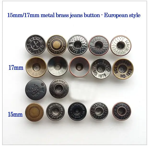 100sets 15mm/17mm metal brass jeans shank buttons European style jeans
