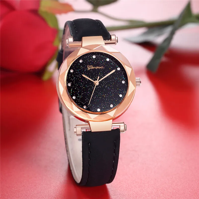 

Ladies Fashion Quartz Wristwatch Women Watches Geneva Brand Starry Sky Dial Simple Leather Strap Clock Casual Reloj Mujer 2019