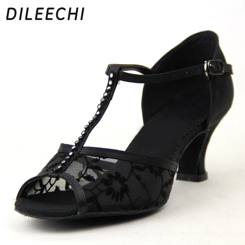 DILEECHI Female Latin dance shoes black satin fence dance shoes ballroom dancing shoes women's