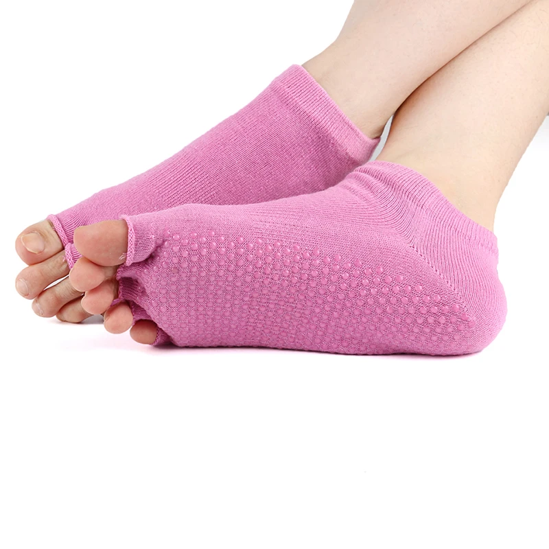 Женские носки для йоги с половинным носком, Нескользящие, с открытым носком, Пилатес, фиксация лодыжки, для фитнеса, прочные, открытые, с пятью пальцами, хлопковые носки для йоги, для спортзала - Цвет: Розовый