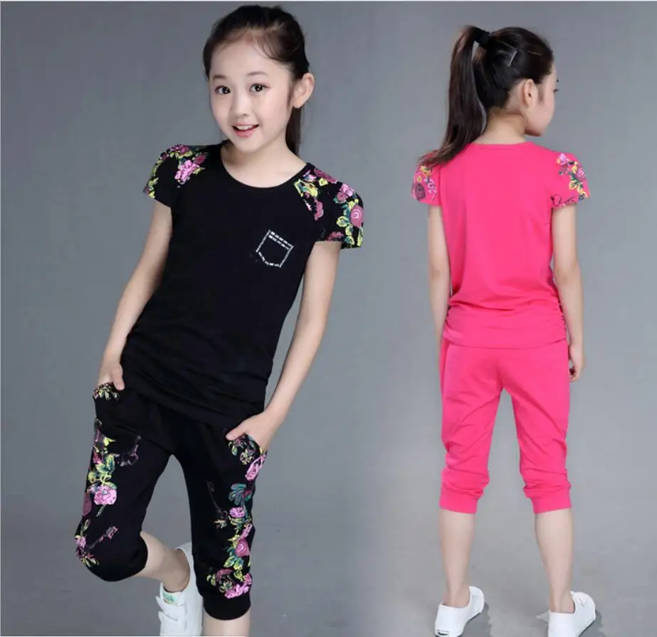 

Tracksuit for Girls 2018 summer children clothing kids teens clothes sports suit for Girls Pure printing color t-shirt and pants