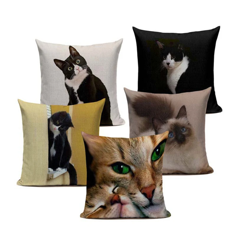 

New Linen Pillow Cover Black White Hand painting Yellow Cute Cat kitchen chair Cushion Cover Home Decorative Pillow Case