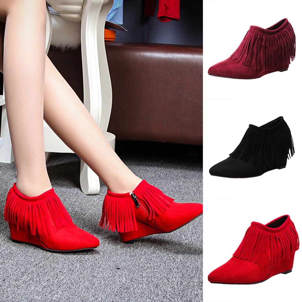 

2019 autumn winter new Flock Women's Wedges High Heel Shoes Comfortale Boots Tassel Ankle Boots Side Zipper Solid Short Boots
