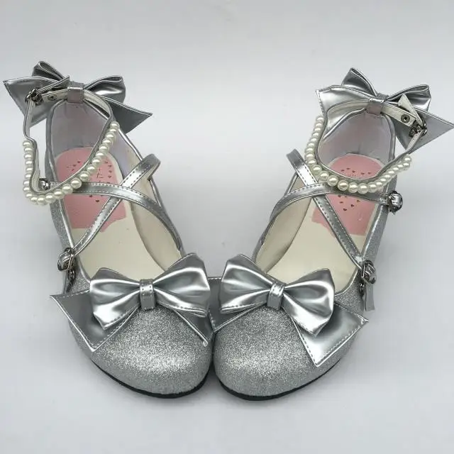 Womens-Shiny-Black-Silver-Sequin-Pumps-Bow-Strap-Cross-Pearl-Ankle-Strap-Princess-Lolita-Shoes-Custom-Tailor-Available- 28