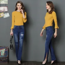 Весна и Лето Новое поступление женские модные индивидуальные Боковые Сплит джинсы патч строчки джинсы для женщин 862