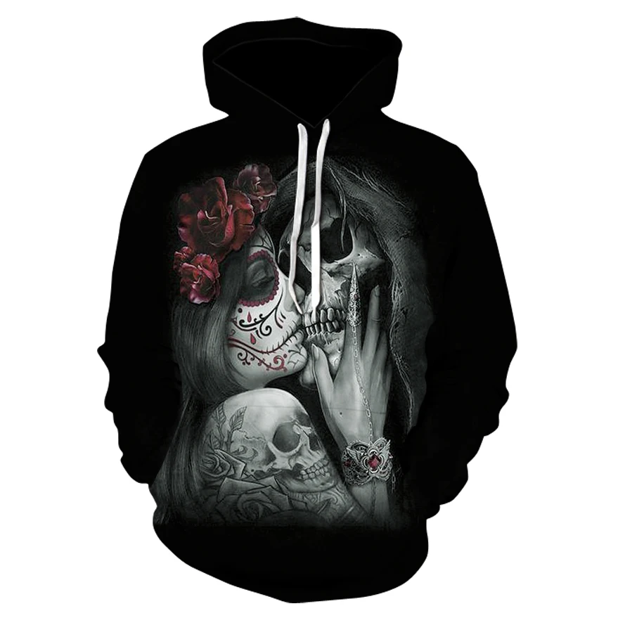 

New Gothic 3D love skull print hooded Sweatshirt hip hop men's / women's pullover hooded Interesting skull hoodie men's top
