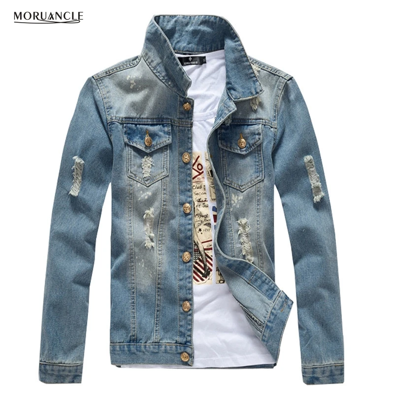 MORUANCLE Men's Ripped Jeans Jackets Male Slim Fit Washed Distressed ...