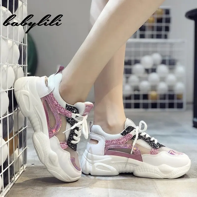 

Women Sneaker Summer Women Vulcanize Increased Chunky Sneakersd Design Ladies Casual Sports Shoes Fashion Sequins Mesh Material