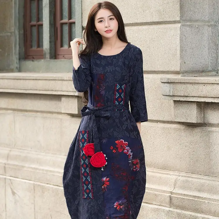 

Chinese Ethnic Style Woman Extra Long Dresses Stylish Embroidery Patchwork Gowns Autumn Spring Trendy Clothes Dress with Sash