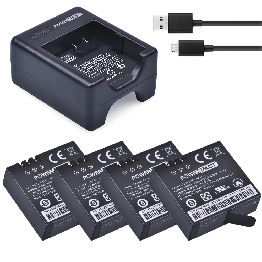 Powertrust 4pcs Az161 Az16 1 Xiaomi Yi 4k Ii Batteries + Usb Dual