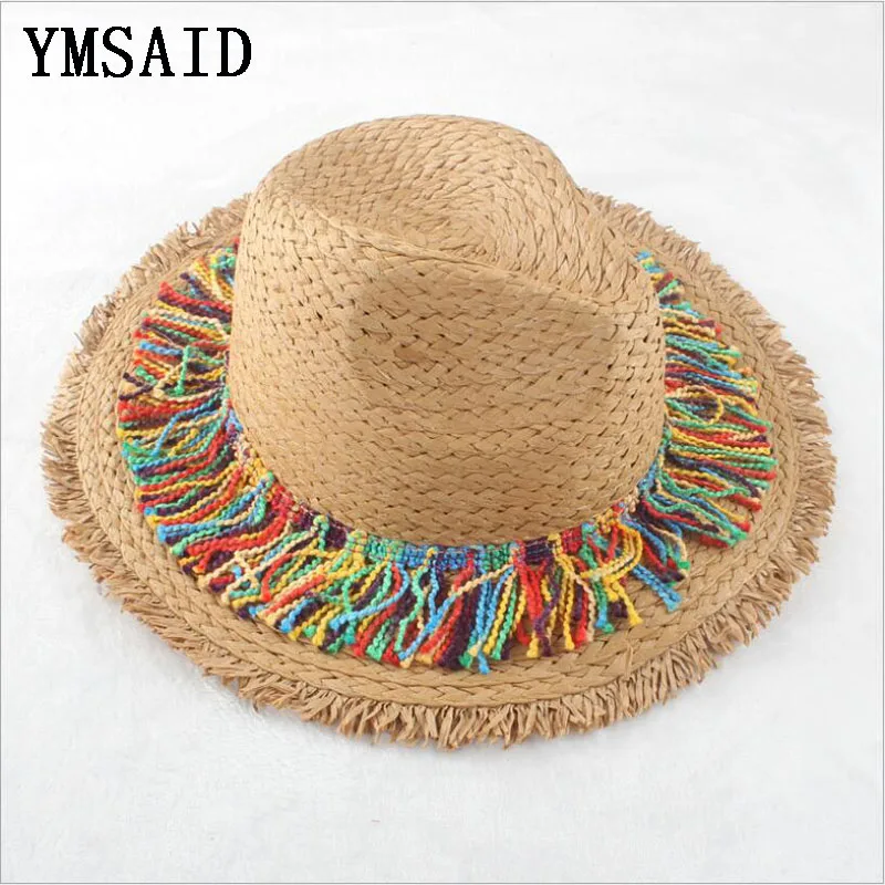 Панама Sombrero Raffia, солнцезащитные шляпы для женщин, шапка с бахромой, ручная работа, в полоску, с кисточками, с помпонами, Рафаэль, соломенная шляпа, пляжная шляпа для женщин