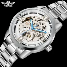 Модные Простые механические часы WINNER, мужские часы из нержавеющей стали, Роскошные наручные часы со скелетом, серебристый корпус, reloj hombre
