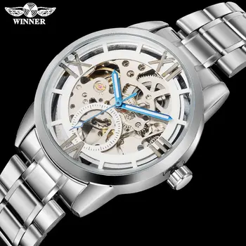

WINNER fashion simple mechanical watches men stainless steel band clock luxury skeleton wirstwatches silver case reloj hombre