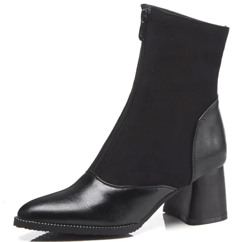 Брендовая Дизайнерская обувь с молнией спереди; обувь «Челси» Для женщин; обувь из кожи и ткани ботильоны из комбинированного материала; с заклепками; Обувь на высоком каблуке зимние ботинки womens197 - Цвет: Черный