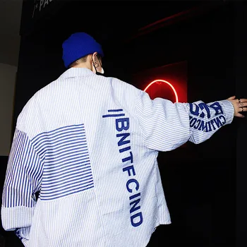 

Men's Long-sleeved Shirt 2019 Spring New Striped Letter Printing Tide Male Couple Shirt Personality Youth Casual Men's Clothing