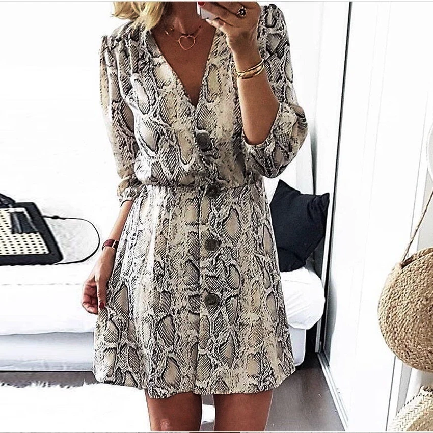 New-High-Street-Women-A-line-Dresses-Snakeskin-Printed-Half-Sleeve-Button-Dress