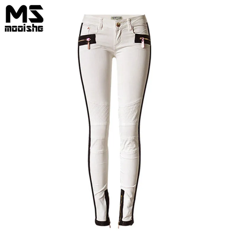 

Mooishe Spring High Waist Women White Jeans Patckwork PU Leather Slim Grid embroidered Low Waist Women Denim Jeans Pants Zipper
