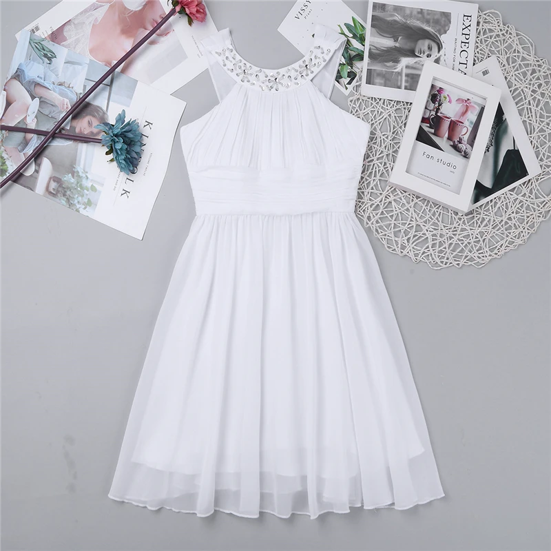 Летние Стразы в форме цветка; костюмы для девочек; шифоновое платье с лямкой на шее для детей; вечерние платья для подростков; платье принцессы