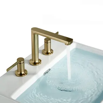 

100% Solid Brass Gold Double Handles Bathroom Faucet Deck Mounted Basin Tap Bathtub Water Mixer