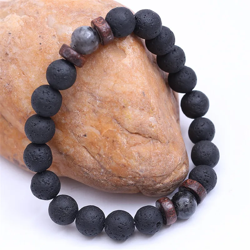 Bracelet Jewelry YIZIZAI Natural Lava Rock Stone Beads Strand Bracelet Wooden bead Accessories Black Charm Stone Men Women Jewelry Gift