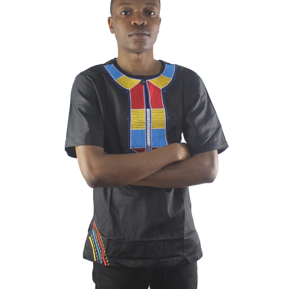 

Black Abstract Buff Embroidery Men`S Dashiki Tops Short Sleeved Ethnic Shirts for Summer Wearing