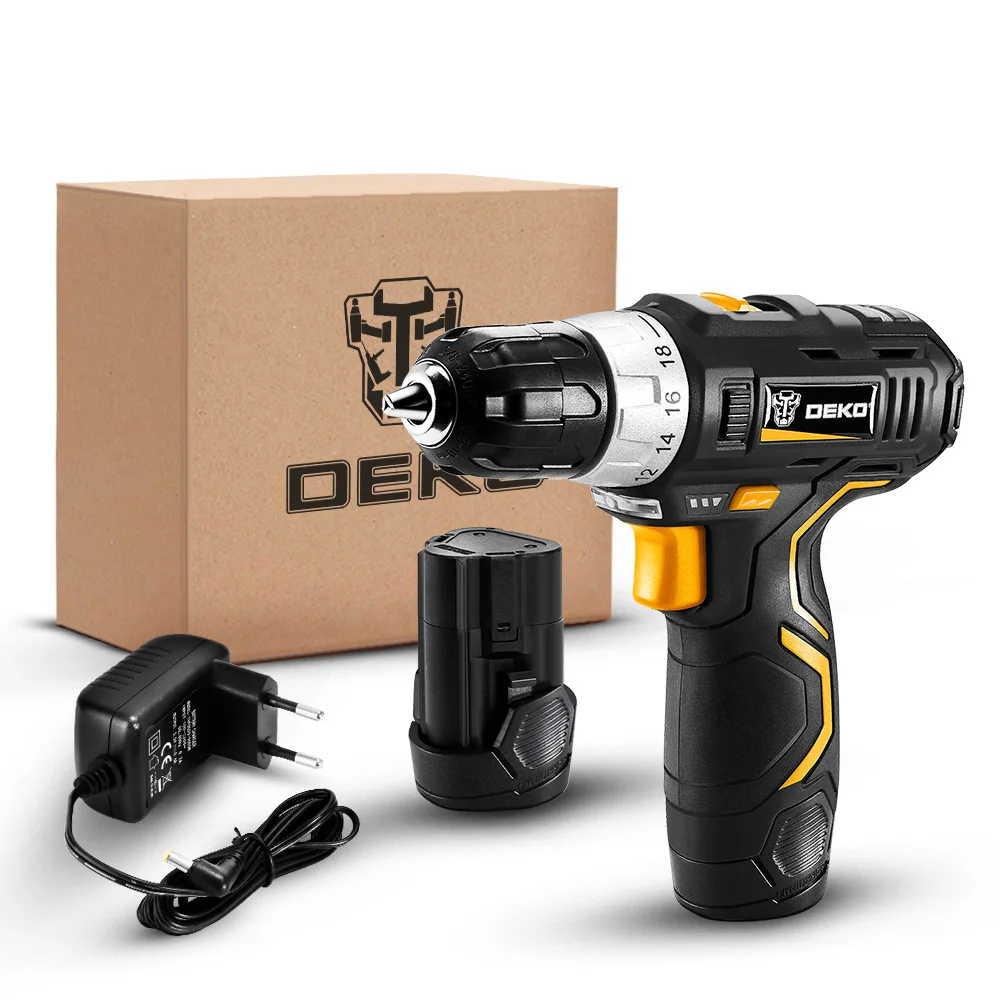 DEKO GCD12DU3 12V Max Household Power Tool Electric Screwdriver with LED Light 2 Speed Cordless Drill with 2 Lithium Battery
