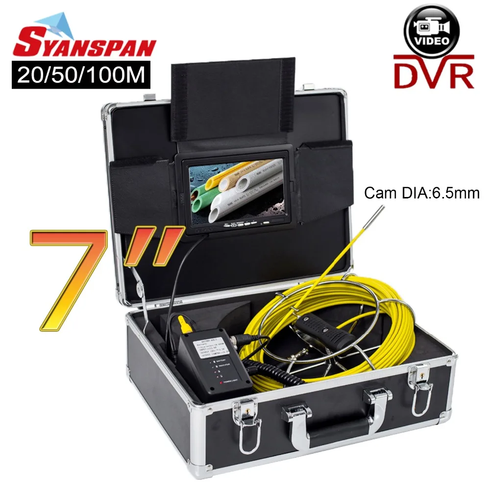 SYANSPAN 20/50/100 м Труба инспекции видео Камера, 6,5mm 8 GB SD Card DVR IP68 стока канализационный трубопровод промышленного эндоскопа 7 "монитор