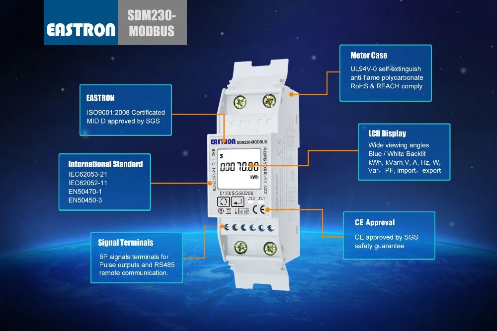 SDM230 Modbus 110V non MID 0,25~ 5(100) A 110 V, однофазный киловатт-час счетчик энергии, с Modbus RTU