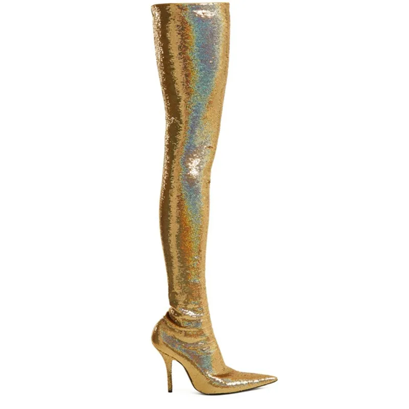 

US4-11 Womens Pointed Toe Stilettos High Heel Over Knee Thigh High Boots Slim Sexy Stretch Sequins Bling Gold Sliver Shiny Shoes