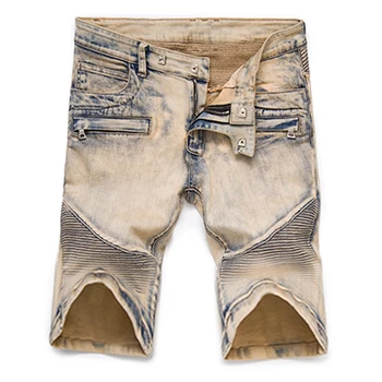 

ABOORUN High Quality Fashion Mens Biker Denim Shorts Khaki Painted Pleated Motor Jeans Shorts Male Brand Clothes YC1243