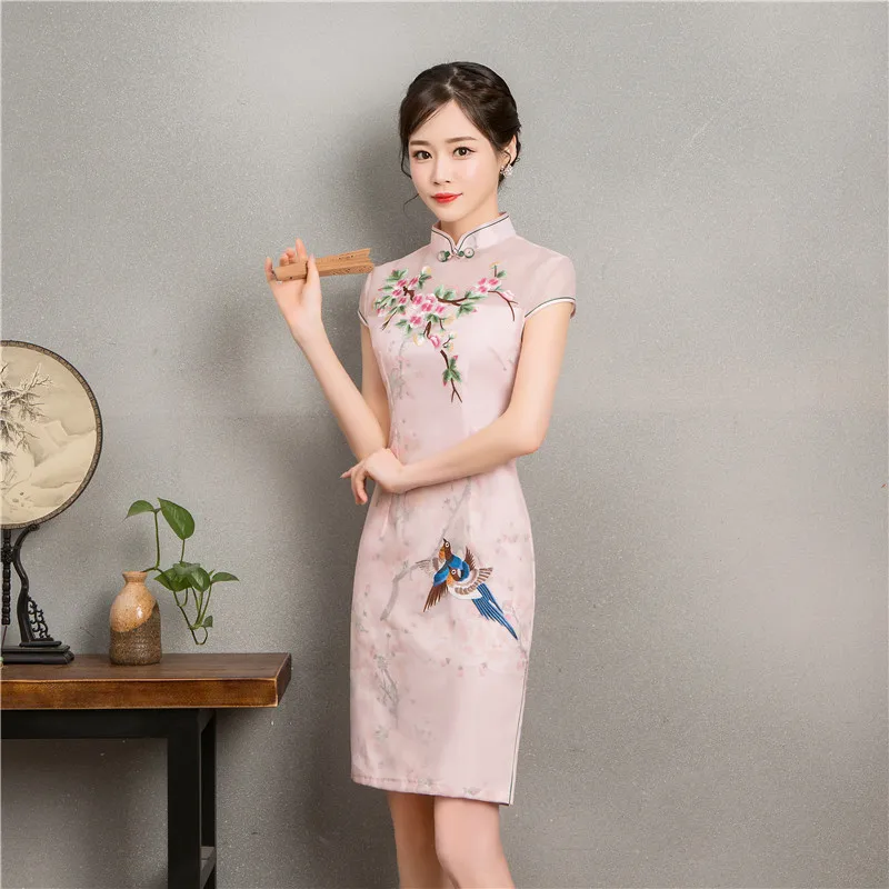 Nueva moda bordado Cheongsam vestidos mujeres chino tradicional ropa Qi Pao Восточная Роза vestido Диарио Бата