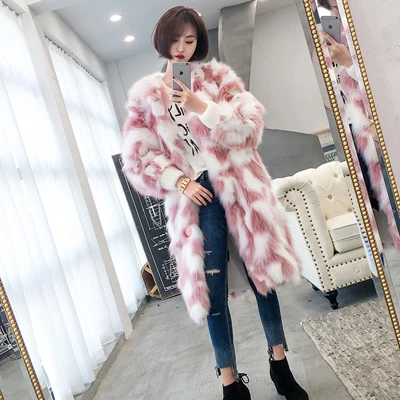 Зимнее пальто из искусственного меха белого и розового цветов, Женская пушистая длинная куртка из искусственного лисьего меха, утепленная женская верхняя одежда W1217 - Цвет: pink long
