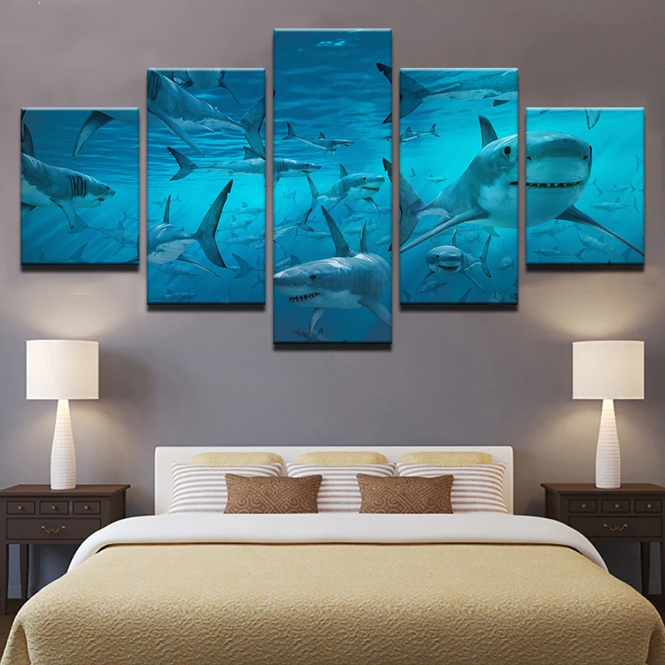 

Canvas Poster Wall Art Modular Prints Pictures 5 Pieces Blue Deep Sea Shark Swarm Paintings For Living Room Home Decor Framework