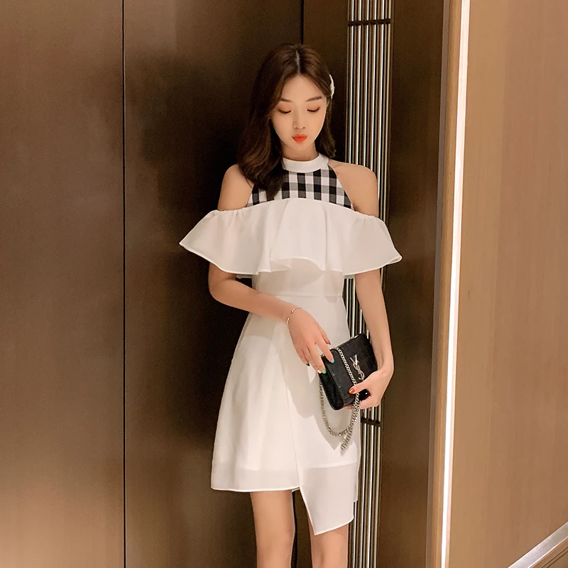 JIBAIYI Off Shoulder Elegant Slim Irregular Dress for Women Vintage Halter Sleeveless Sexy Party Dresses Splice Plaid Vestidos JIBAIYI Off Shoulder Elegant Slim Irregular Dress for Women Vintage Halter Sleeveless Sexy Party Dresses Splice Plaid Vestidos