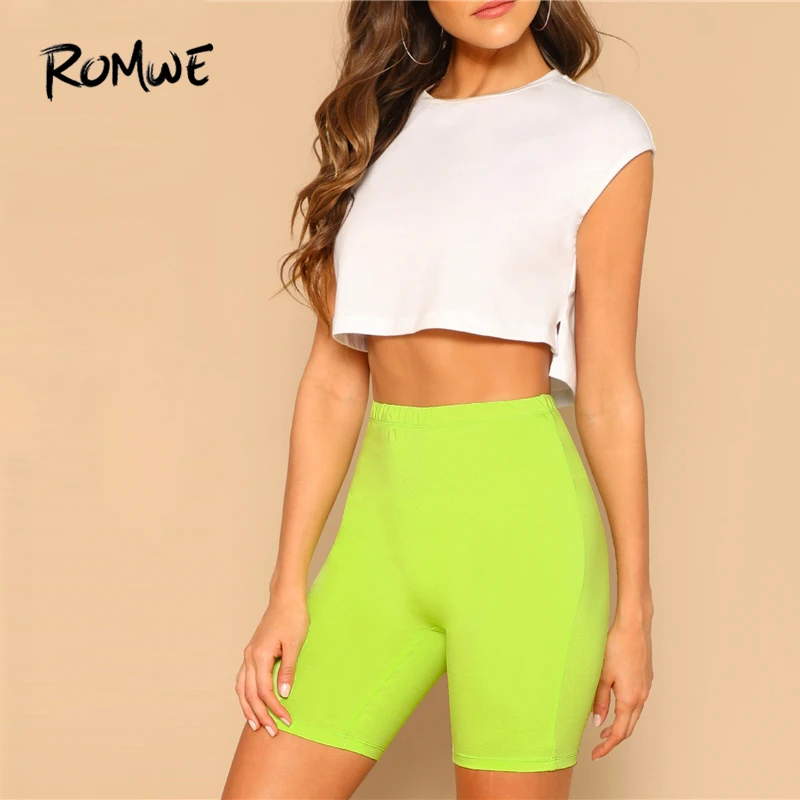 

ROMWE Green Neon Lime Elastic Waist Leggings Casual Basic Women Summer Fashion Leggings Stretchy Fitness Female Leggings