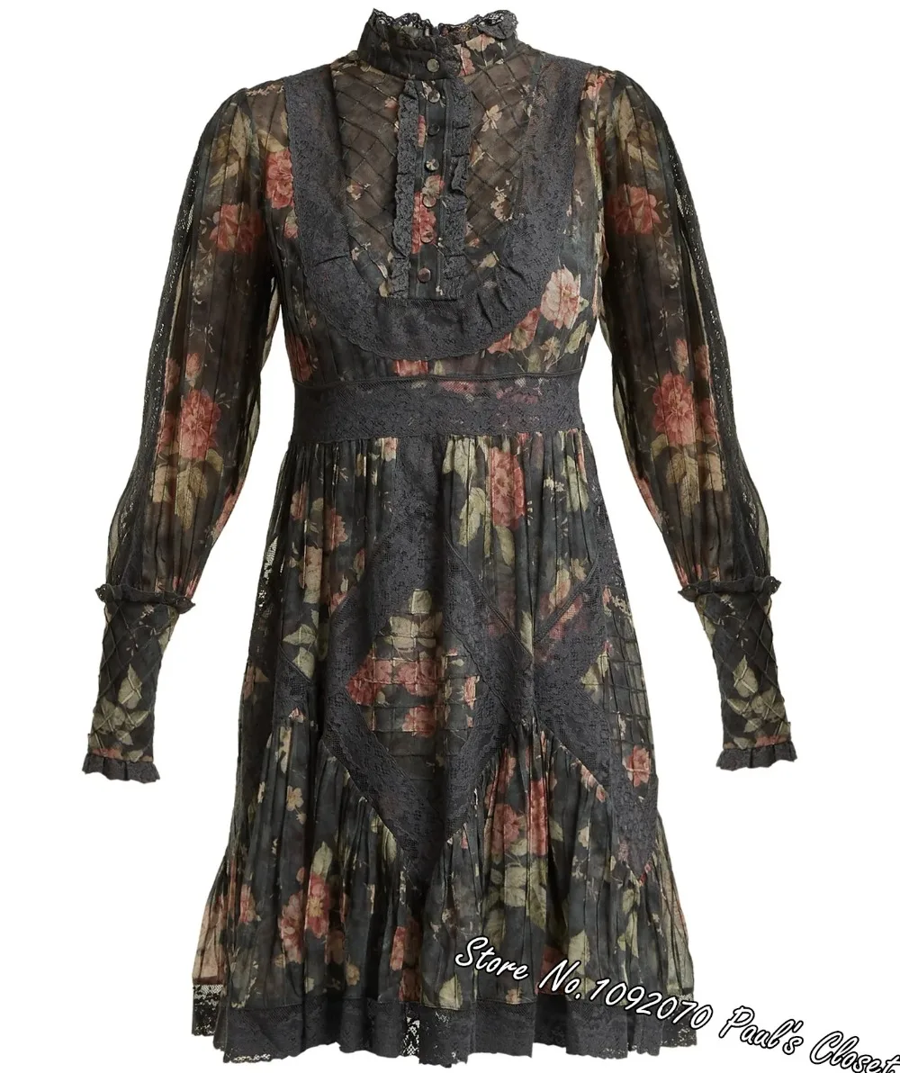 

Women Ash Garden Floral Print Silk Lace Trimmed Unbridled Tucked Dress