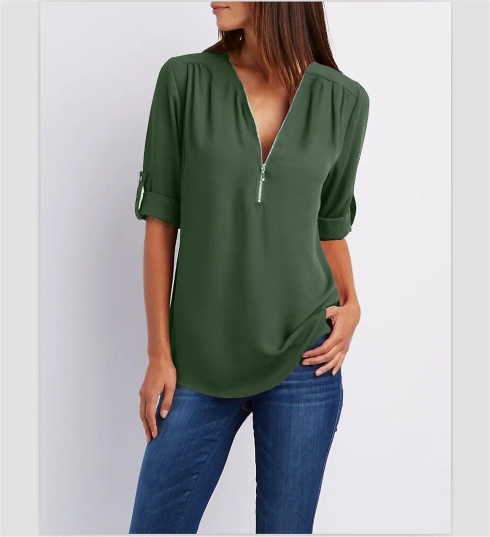 4XL 5XL рубашка размера плюс женская блузка Топ Повседневная Свободная блуза с длинным рукавом и v-образным вырезом на молнии летние рубашки Большие размеры сексуальные топы