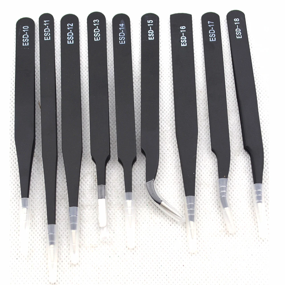 9Pcs Tweezers ESD 10-18 High-elastic Anti-static Stainless Steel Soldering Tweezers Hand Tool Set for Soldering Station Tool Kit