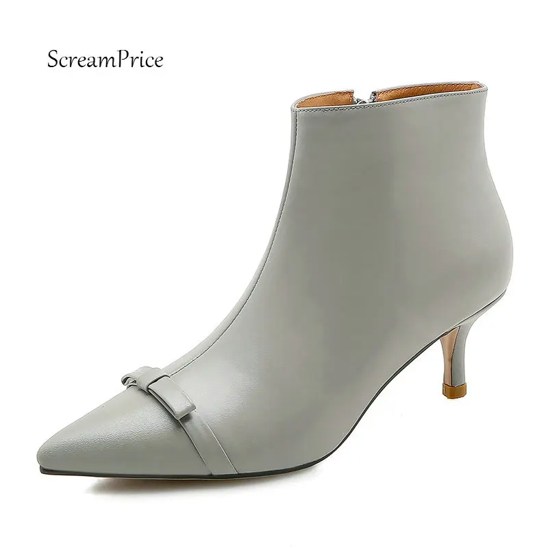 

Female Genuine Leather Sweet Bow Knot Thin Heel Ankle Boots Fashion Pointed Toe Zipper Fall Winter Bootis Black Gray Apricot