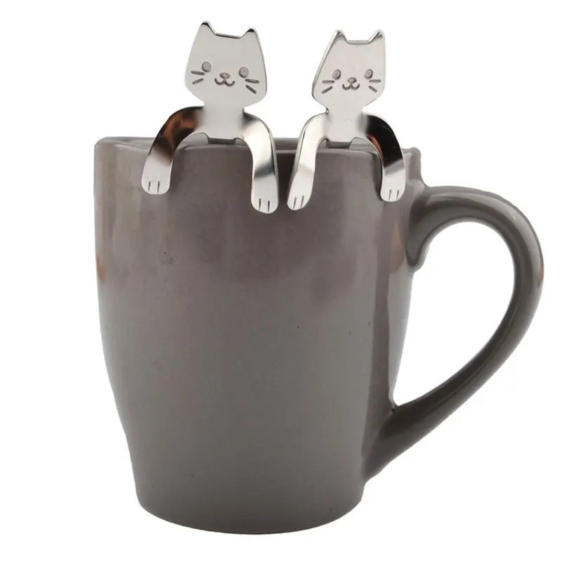 

Kitchen Handle Hanging Cat Spoon 304 Stainless Steel Creative Mixing Spoon Cute Cartoon Cat Dessert Spoon Coffee Spoon