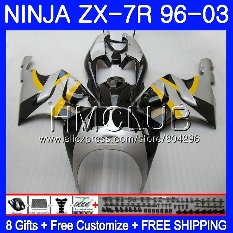 

Body For KAWASAKI NINJA ZX-7R ZX750 ZX 7R 00 01 02 03 11HM.19 ZX 7 R ZX 750 ZX7R 1996 2000 2001 2002 2003 Fairings Silver black