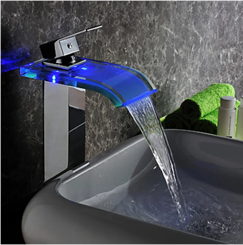 Best Price Single factory direct supply led light basin faucet waterfall faucet copper plating