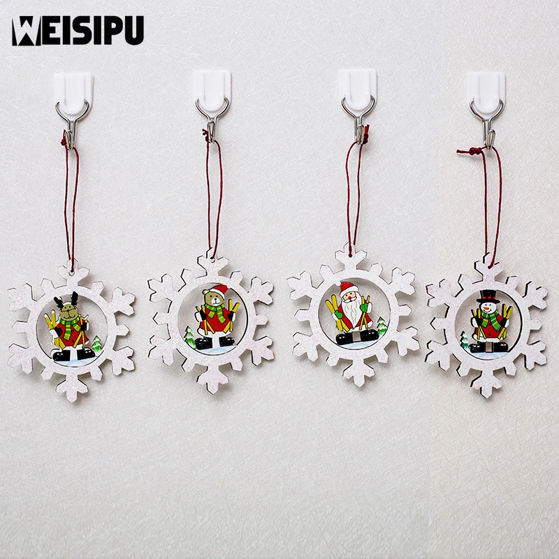 

Christmas Decorations For Home Christmas Wooden Snowflake Pendant Christmas Tree Painted Carved Santa Snowman Decorative Pendant