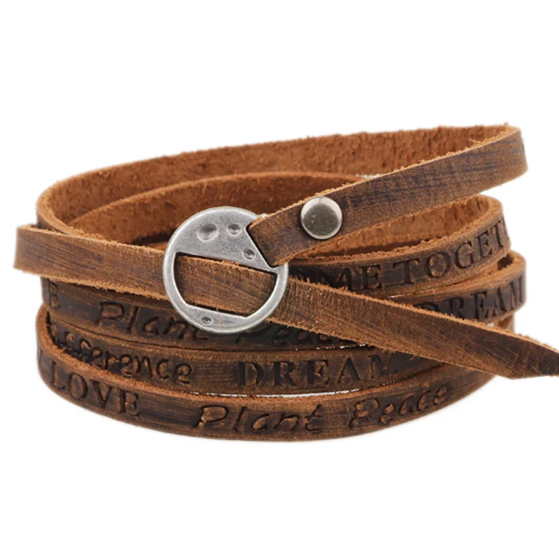 

2019 Male Vintage Buckle Punk Bracelet Women Men Thin Leather Bracelet Wristband Letters Charm Jewelry Christmas Gift Brown