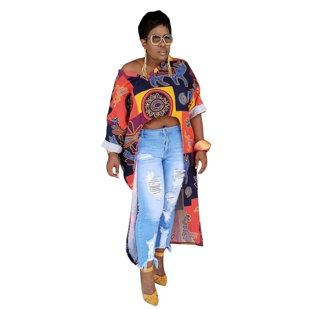 

Irregular women's casual tops featuring prints Sexy African women's summer versatile high street style temperament V-neck nation