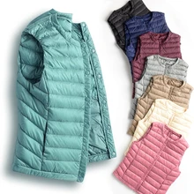 Для женщин куртка без рукавов осень-зима ультра легкое белое утка пуховой жилет женский пиджаки Теплый жилет тонкий жилет пальто RH427